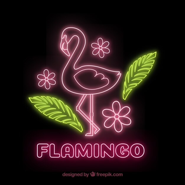 Flamenco de neón con plantas y flores