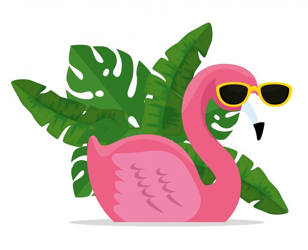 Flamenco tropical con gafas de sol con hojas exóticas