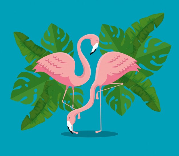 Flamencos tropicales con plantas de hojas exóticas