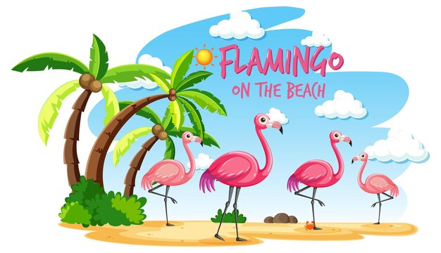 Flamingo en la bandera de la playa con muchos niños en la playa.