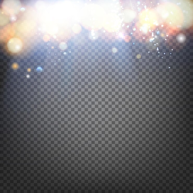 Flash de sol con rayos y foco. Efecto de luz de destello de lente especial de luz solar transparente. Las burbujas de luz fluyen hacia abajo. ilustración vectorial