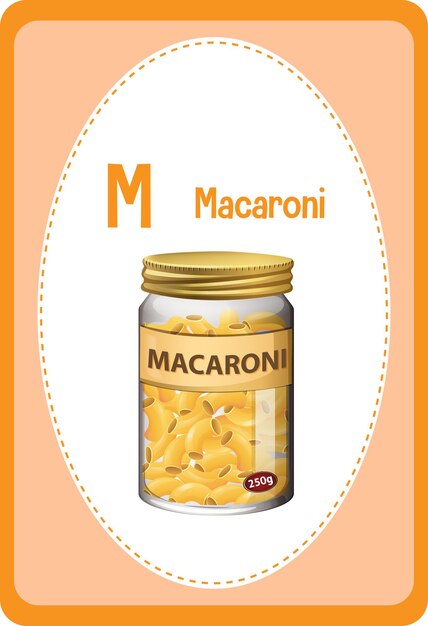Flashcard del alfabeto con la letra M para macarrones