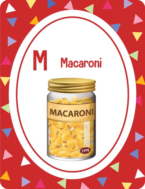 Flashcard del alfabeto con la letra M para macarrones