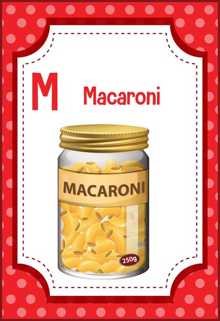 Flashcard del alfabeto con la letra M para macarrones