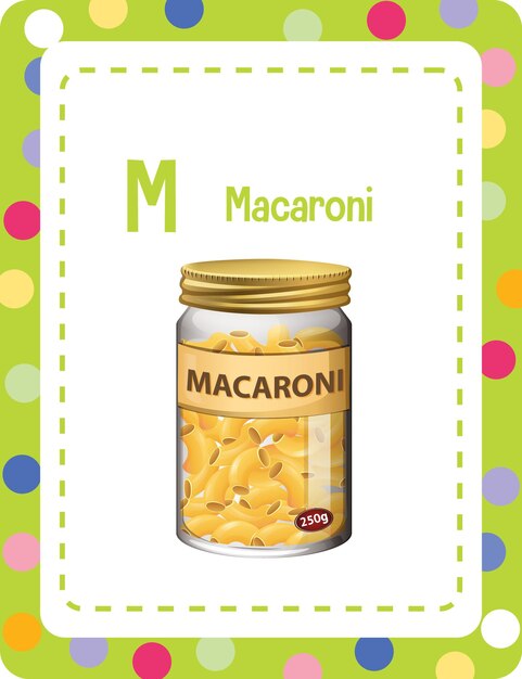Flashcard del alfabeto con la letra M para macarrones