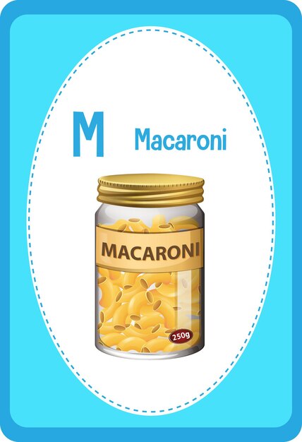 Flashcard del alfabeto con la letra M para macarrones