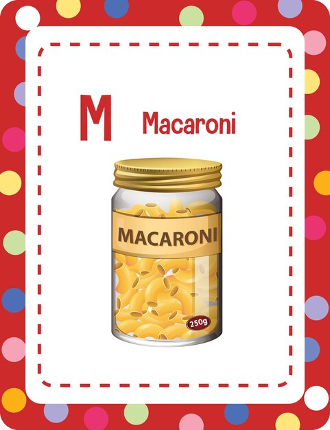 Flashcard del alfabeto con la letra M para macarrones