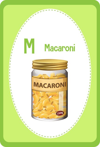 Flashcard del alfabeto con la letra M para macarrones