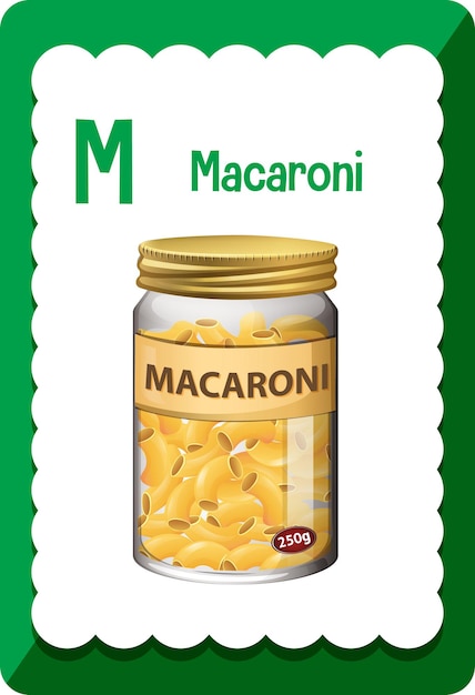 Flashcard del alfabeto con la letra M para macarrones