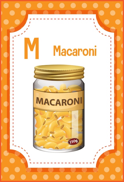 Flashcard del alfabeto con la letra M para macarrones