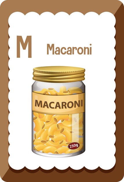 Flashcard del alfabeto con la letra M para macarrones