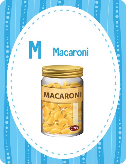 Flashcard del alfabeto con la letra M para macarrones