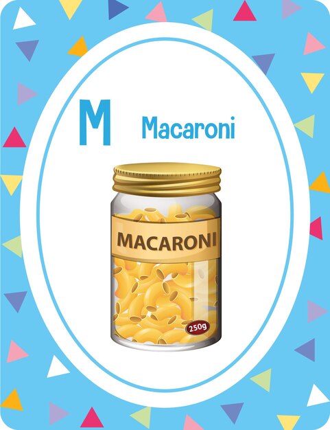 Flashcard del alfabeto con la letra M para macarrones