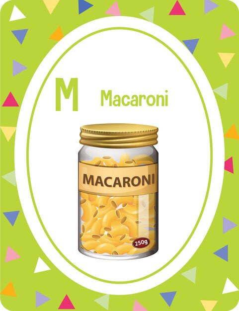 Flashcard del alfabeto con la letra M para macarrones