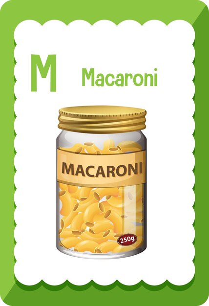 Flashcard del alfabeto con la letra M para macarrones