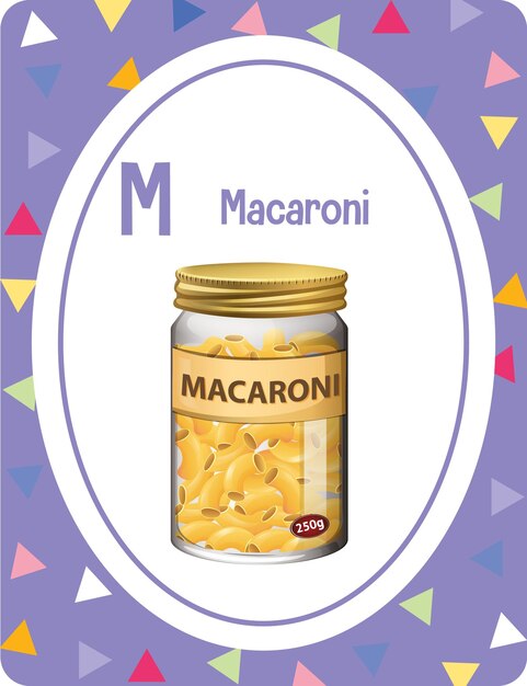 Flashcard del alfabeto con la letra M para macarrones
