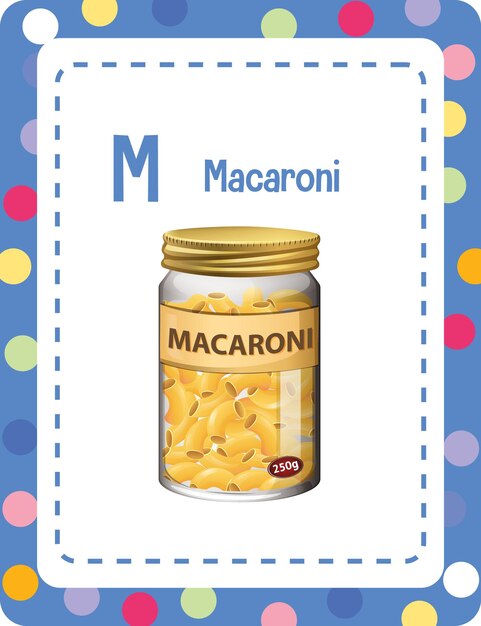 Flashcard del alfabeto con la letra M para macarrones