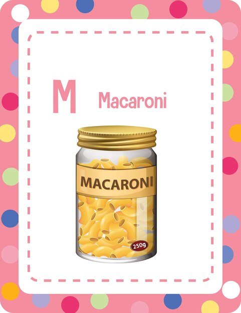 Flashcard del alfabeto con la letra M para macarrones