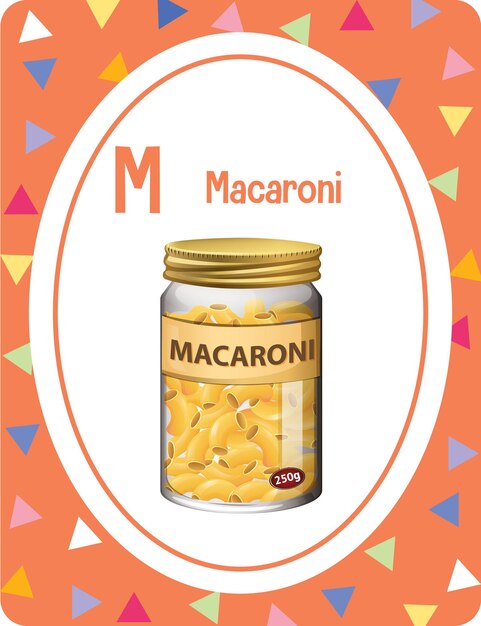 Flashcard del alfabeto con la letra M para macarrones