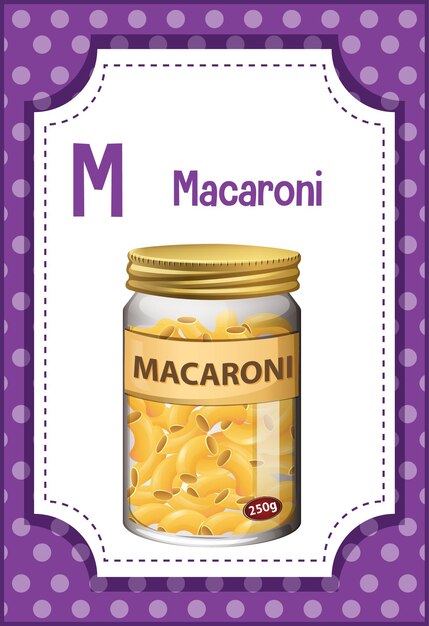 Flashcard del alfabeto con la letra M para macarrones