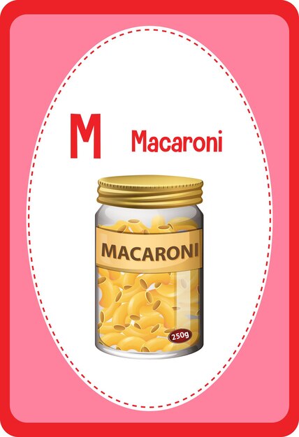 Flashcard del alfabeto con la letra M para macarrones