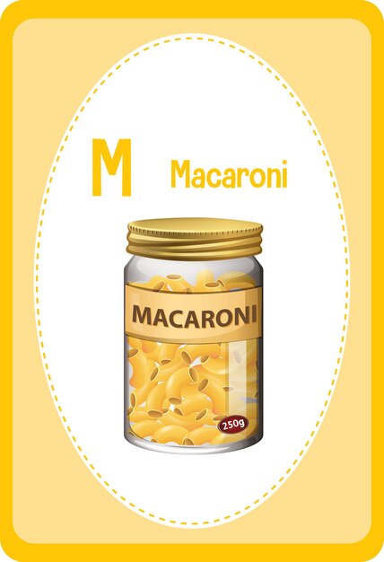 Flashcard del alfabeto con la letra M para macarrones