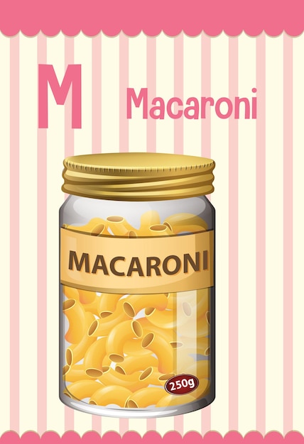Flashcard del alfabeto con la letra M para macarrones