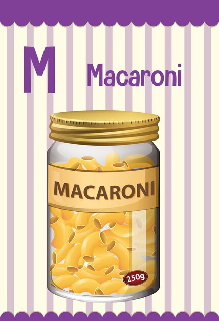 Flashcard del alfabeto con la letra M para macarrones