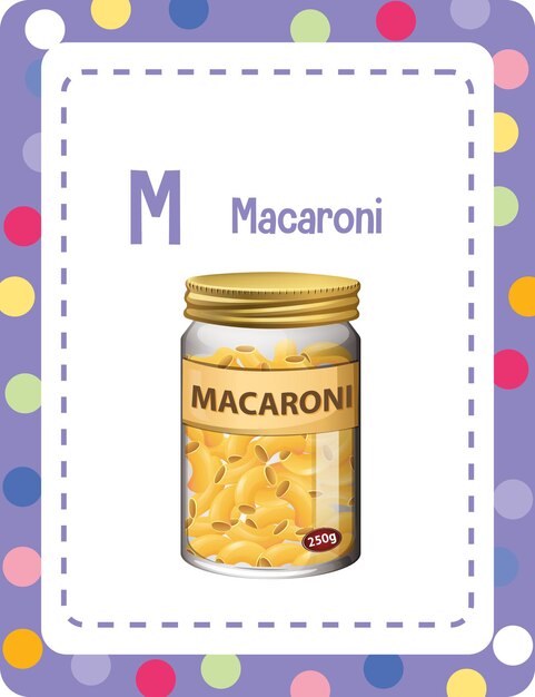 Flashcard del alfabeto con la letra M para macarrones