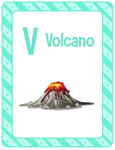 Flashcard del alfabeto con la letra V para Volcano