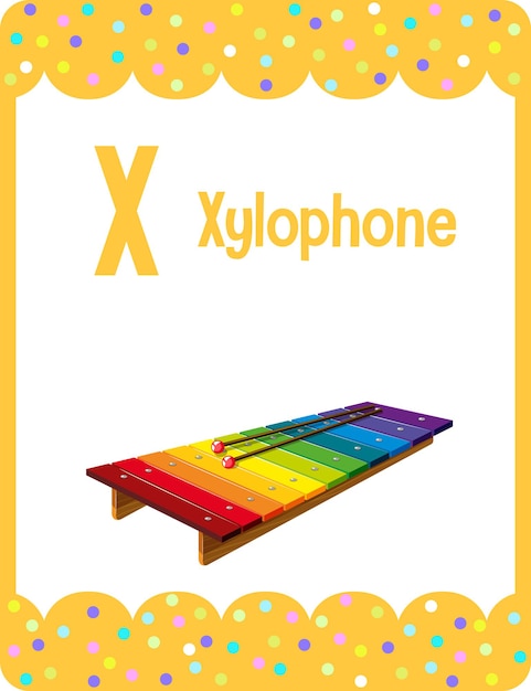 Flashcard del alfabeto con la letra X para xilófono