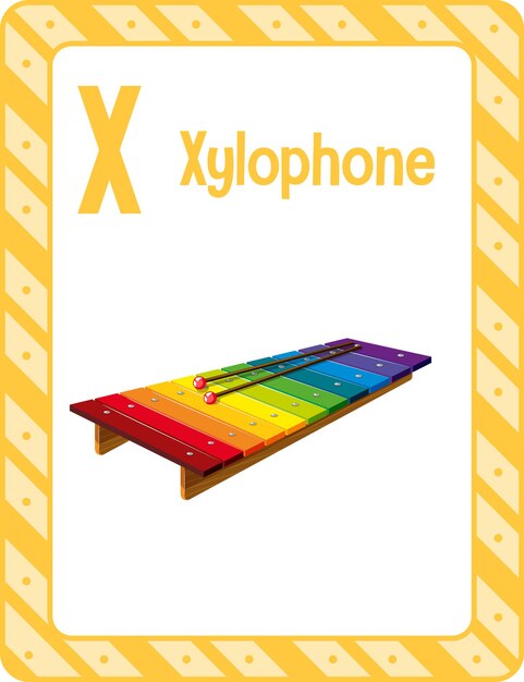 Flashcard del alfabeto con la letra X para xilófono