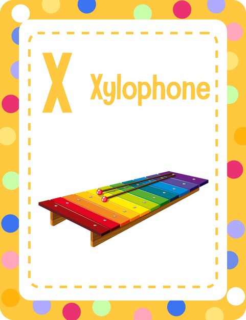 Flashcard del alfabeto con la letra X para xilófono