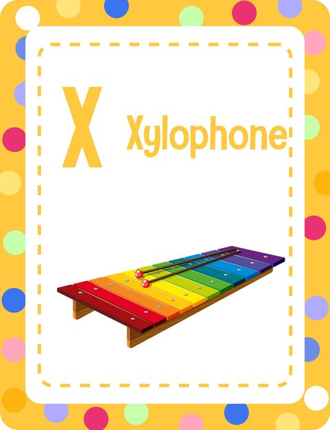 Flashcard del alfabeto con la letra X para xilófono