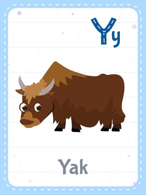 Flashcard imprimible del alfabeto con la letra Y y el animal yak marrón