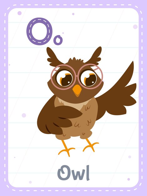 Flashcard imprimible del alfabeto con la letra O y el pájaro búho