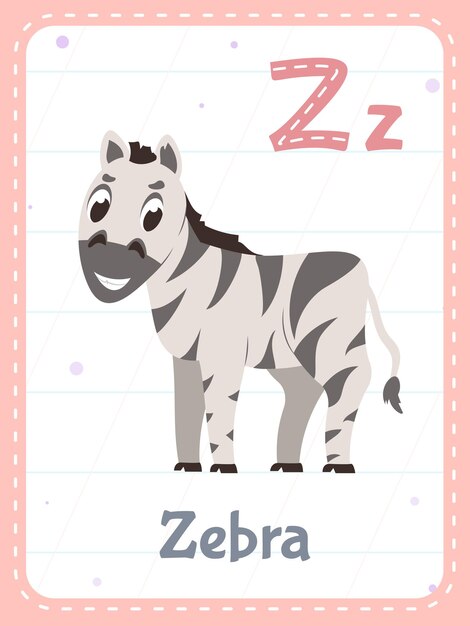 Flashcard imprimible del alfabeto con la letra Z y animal cebra rayado
