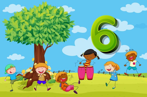 Flashcard número 6 con seis niños en el parque