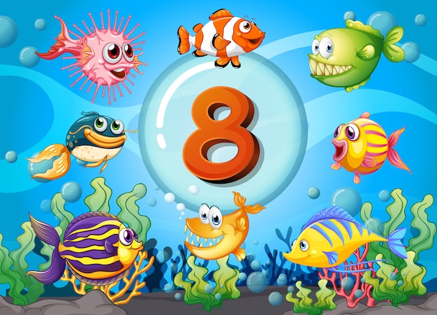 Flashcard número ocho con 8 peces bajo el agua
