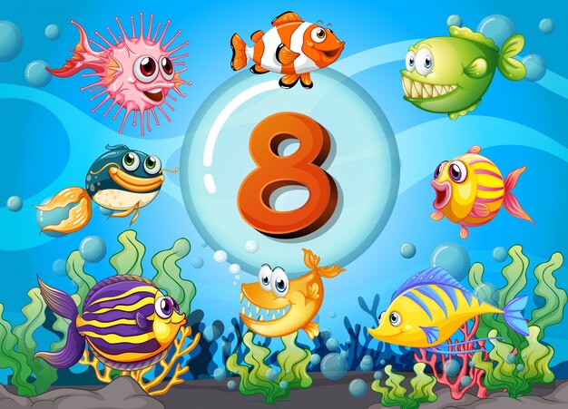 Flashcard número ocho con 8 peces bajo el agua