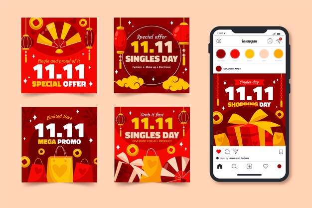 Flat 11.11 colección de publicaciones de instagram del día del soltero