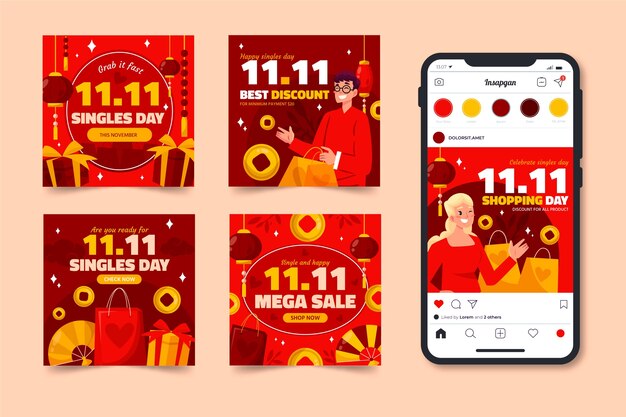 Flat 11.11 colección de publicaciones de instagram del día del soltero