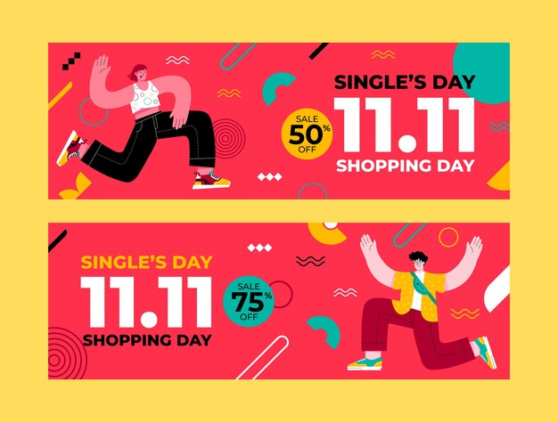 Flat 11.11 día de solteros día de compras conjunto de banners de venta horizontal