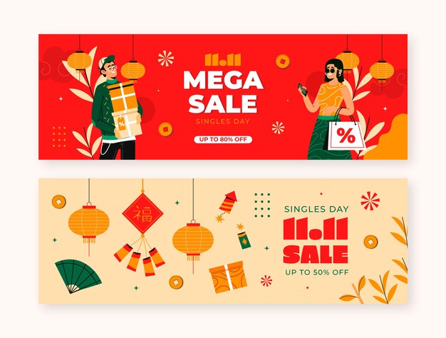 Flat 11.11 día de solteros día de compras conjunto de banners de venta horizontal