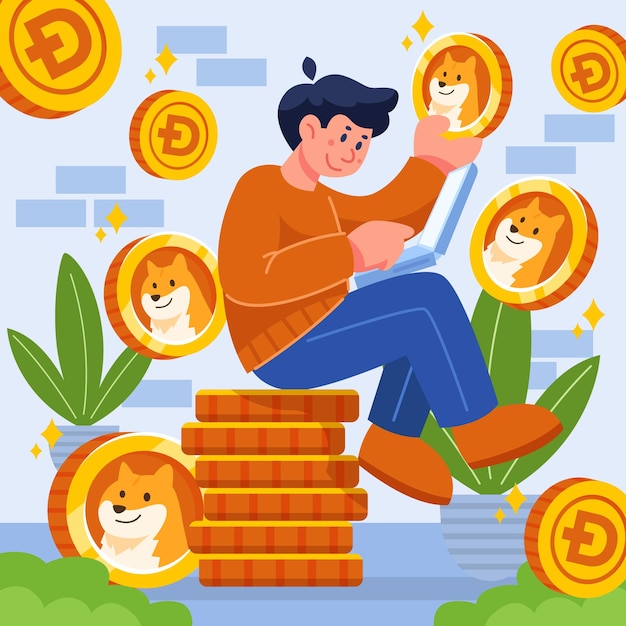 Flat Cryptocurrency Dogecoin Ilustración con personas de dibujos animados de hombre
