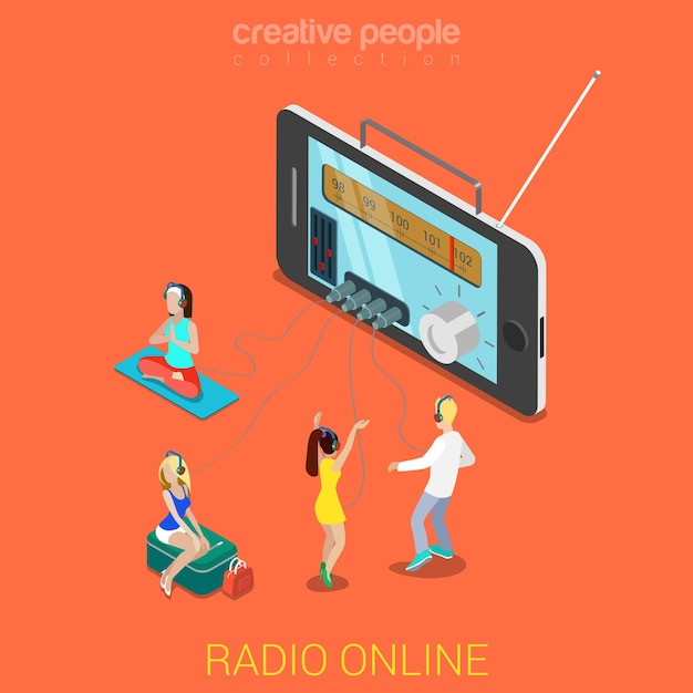 Flat d isométrico en línea radio por internet streaming escuchando concepto de infografía web