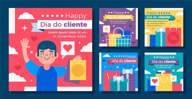 Flat dia do cliente colección de publicaciones de instagram