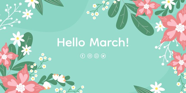 Flat hola marzo banner horizontal y fondo