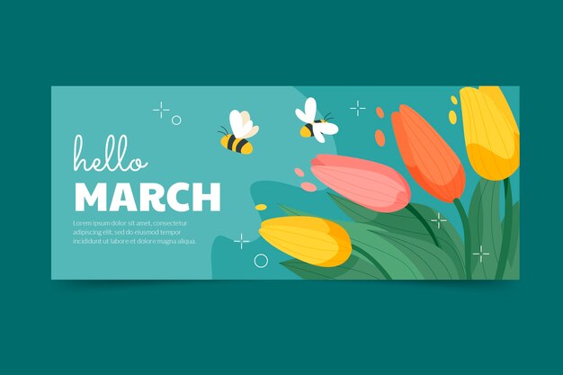 Flat hola marzo banner horizontal y fondo