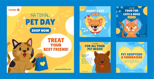 Vector gratuito flat instagram publica una colección para el día nacional de las mascotas con animales